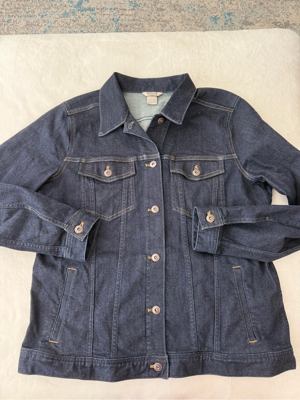 Duluth Trading Co Denim Jacket Womens L Dark Wash Stretch Button Front Trucker